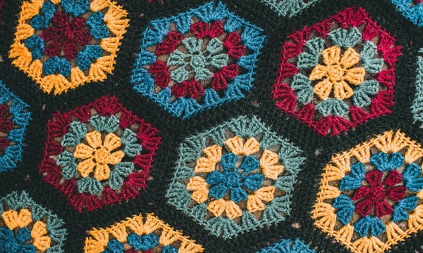 Hexagonal granny squares joined together, photographed by Jonathan Cooper